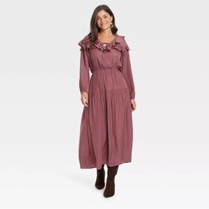 Women's Long Sleeve Ruffle Maxi A-Line Dress - Universal Thread Dark Mauve XL